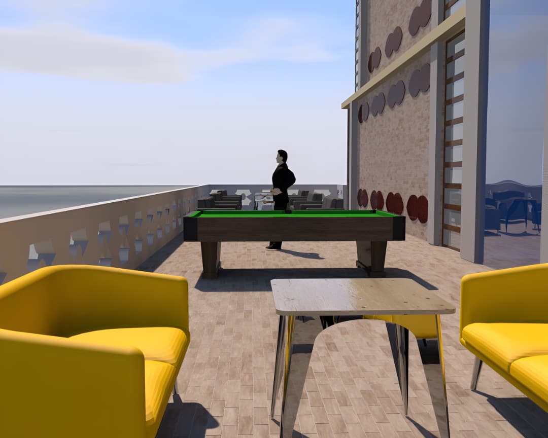 Rooftop lounge — terrasse aménagée R+6